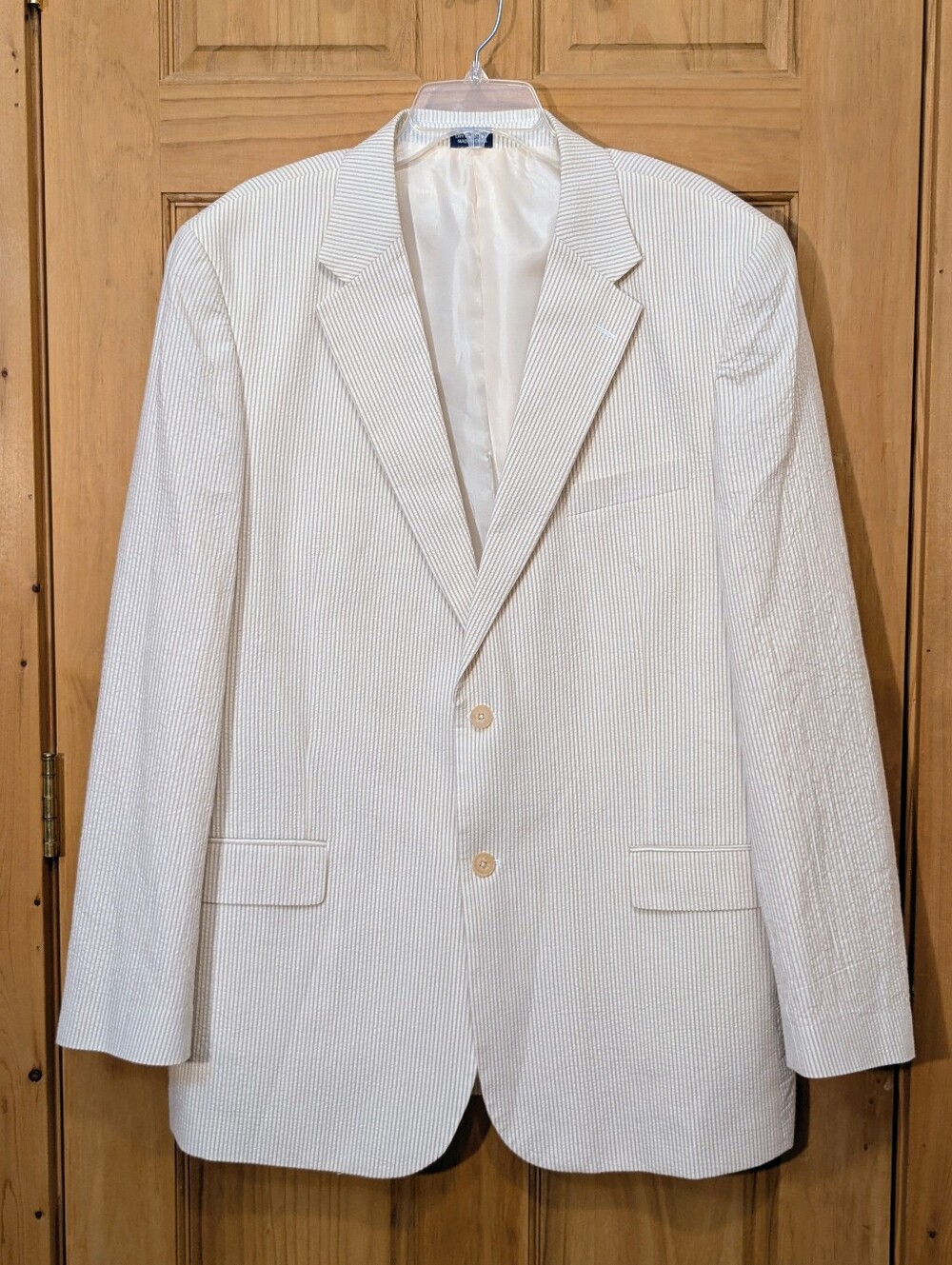 Meeting Street Seersucker Blazer Sport Coat Mens 46L Cream Beige Striped Summer